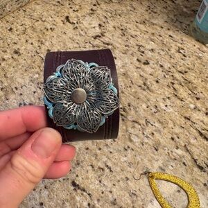 Boho Floral Leather Cuff Bracelet in Dark Brown with Turquoise Accent